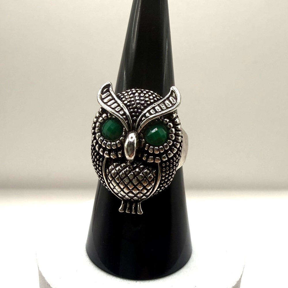 Vintage Style Silver Tone Owl‎ Statement Ring Green Eyes Size 8.5 Boho Gothic